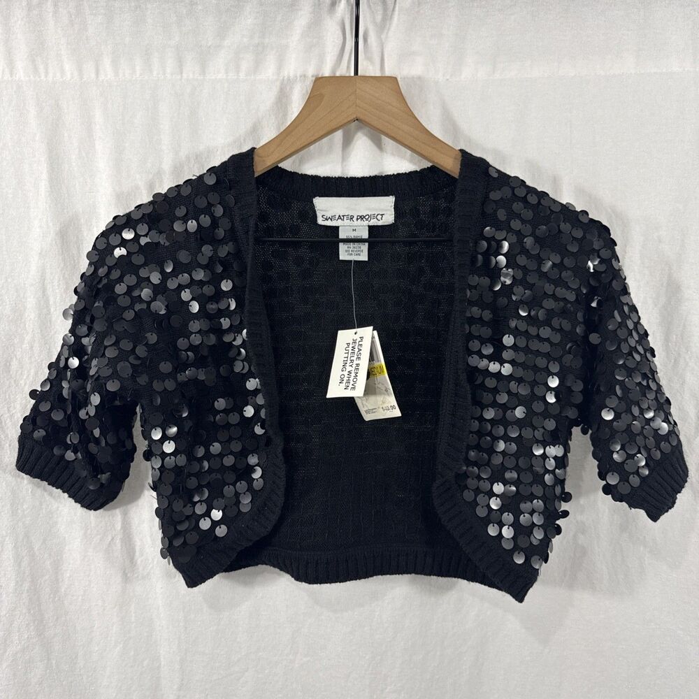Sweater Project Sequin Black Crop Bolero Cardigan Womens Sz M HSM Sharpay Y2K